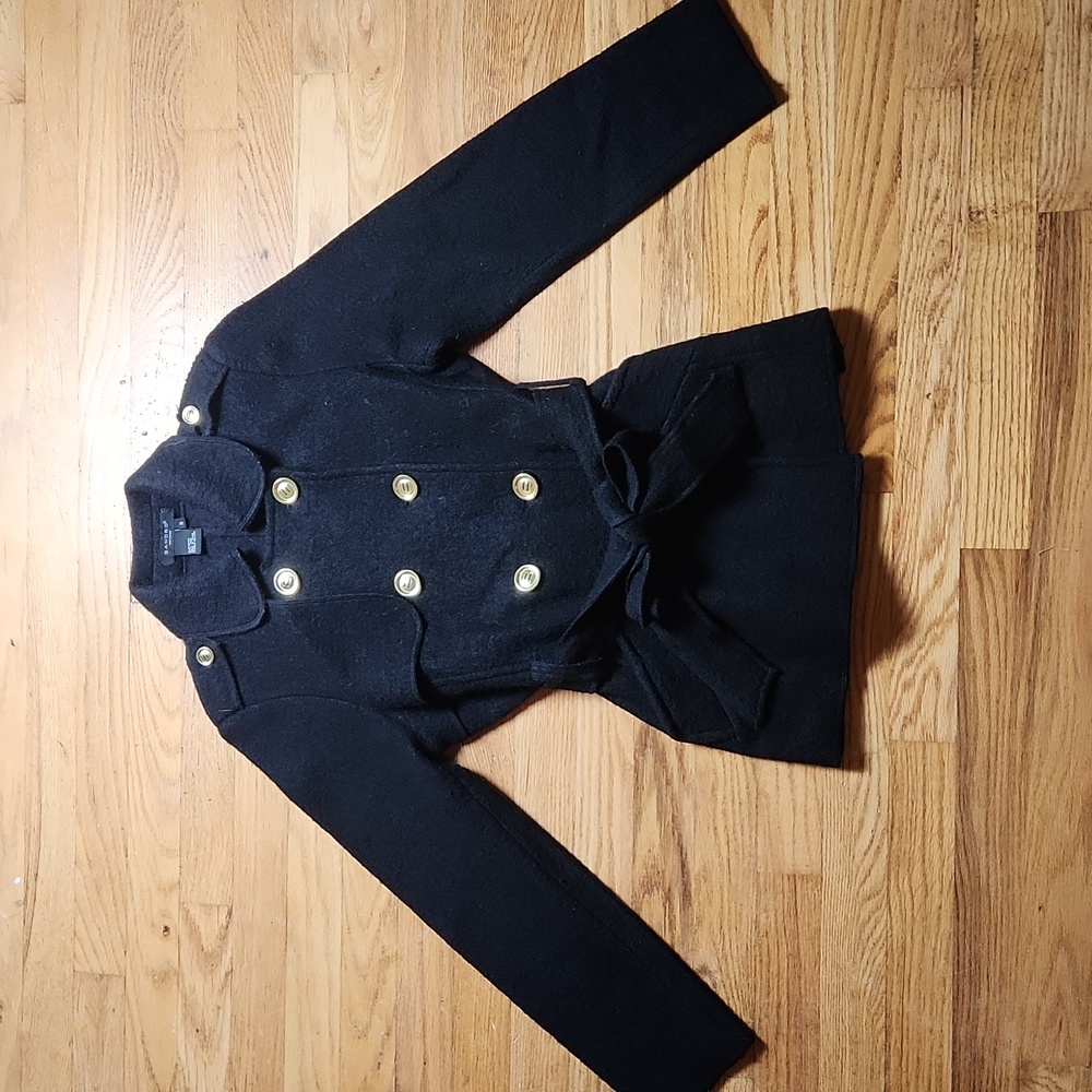 Sandro black boiled 100% wool gold button belted military peacoat